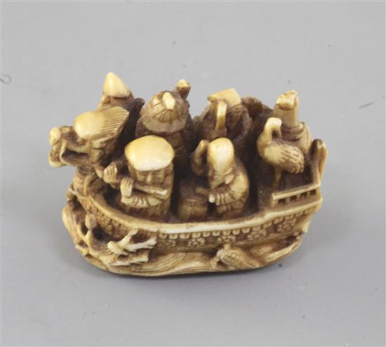 A Japanese ivory netsuke of the Takarabune (treasure ship) 19th century, signed Kagetashi, 4.5cm (no. 525)